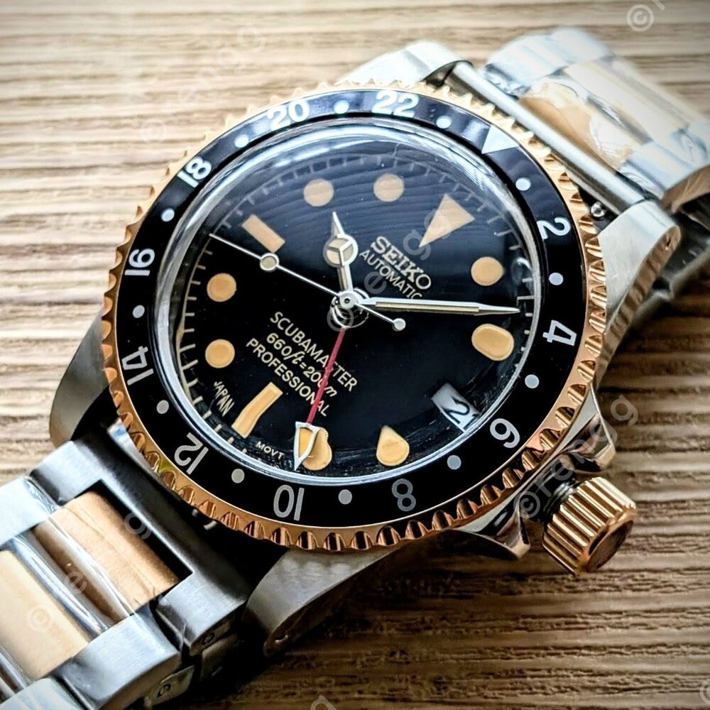 Fabulous Automatic Retro Diver Scuba GMT Dual Tone Seiko NH34A mod Watch Great